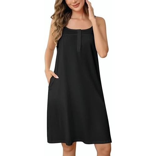 100% Cotton Nightgowns for Women Sleeveless Night Gown Adjustable Straps Nighty Ladies Nightdress with Pockets
