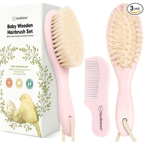 Baby Hair Brush Set for Newborns - Soft Goat Bristle Wooden Baby Brush and Comb Set Newborn Grooming Kit for Cradle Cap, Durable & Gentle, Boy, Girl Infant Essentials Care Kit (Oval, Blush)