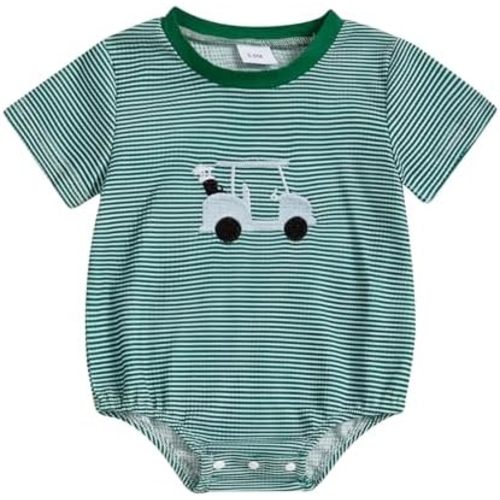Baby Boy Golf Baseball Outfit Golf Cart/Baseball Embroidery Short Sleeve Bubble Romper Onesie Cute Summer Clothes