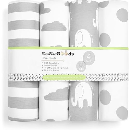 BaeBae Goods Premium Crib Sheets for Baby Boys and Girls, 3 Pack, Soft and Breathable Jersey Cotton Fitted Sheet Set, Grey and White, Cute Gender Neutral Nursery Mattress Bedding, Universal Fit