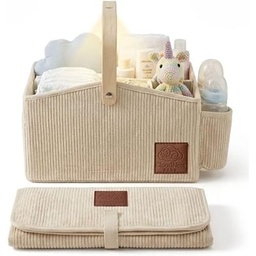 Diaper Caddy Organizer With Portable Changing Mat, LED Night Light, Wooden Handle & Shoulder Strap - Stylish Nursery Basket With Dividers - Newborn Essentials