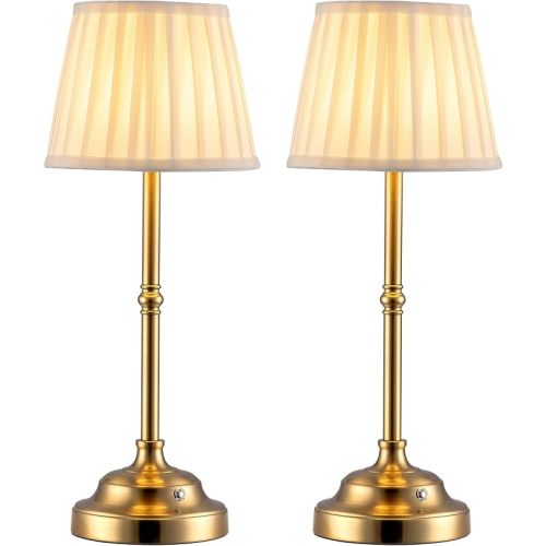 KDG Cordless LED Table Lamp Set of 2, Portables Fabric Shade Desk Lamps, 4000mAh Rechargeable Battery Powered Lighting, Dimmable Light for Dining Room, Bedroom, Bedside, Night Light, Balcony (Bronze)