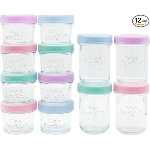 WeeSprout Baby Food Storage Glass Jars w/Lids (4/8 oz, 12 Pack) Pastel Variety, Snack, Reusable Small Containers, Fridge or Freezer, Microwave & Dishwasher Safe, Essentials for Infants