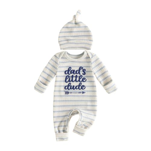 Sasaerucure Newborn Baby Boy Long Sleeve Romper Jumpsuit with Hat | Letter Embroidered Waffle Knit Clothes, Fall Winter One Piece Outfit for Infant Boys, Striped, Casual, Daily