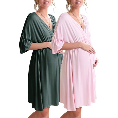 Ekouaer 3 in 1 Labor/Delivery/Hospital Gown 2 Pack Maternity Dress Nursing Nightgown Sleepwear for Breastfeeding, Green/Pink, Medium
