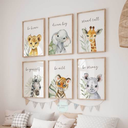 Set of 6 Jungle Animal Prints For Gender Neutral Safari Nursery Wall Art Baby Room Decor Newborn Baby Gifts