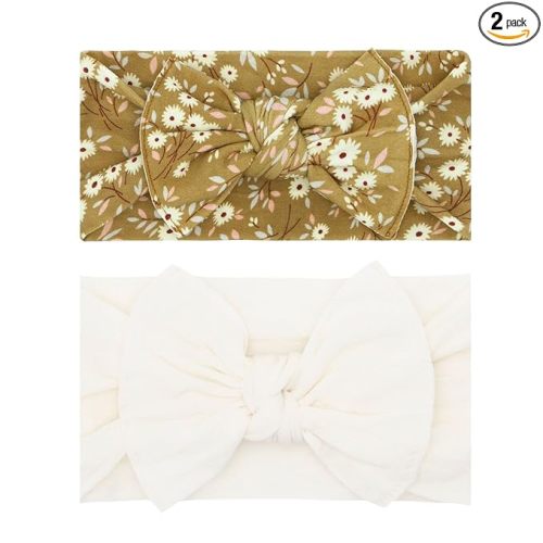 Baby Bling Bows - Newborn to Little Baby Girl Bows, 2PK PRINT SOLID KNOTS Nylon Super Soft Stretchy Toddler Headbands, Perfect Hair Accessories Head Bands for Infant Kids (Ginger & Ivory)