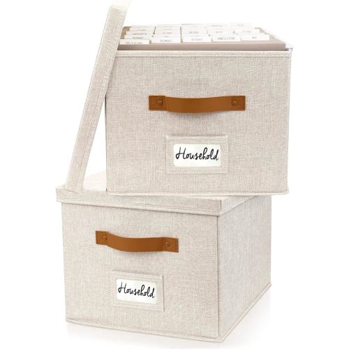 ZICOTO Decorative File Organizer Box Set of 2 - Collapsible Linen Filing Cabinets w/Handles Are Perfect to Store all Your Documents & Hanging File Folders - Portable Easy Slide Crates with Lid