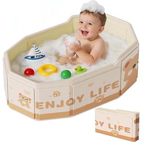 Foldable Baby Bath, Collapsible Baby Bathtub 3M-8Y, Portable Travel Baby Bath Tub with Non-Slip Base, Pop Up Folding Newborn Toddler Shower Tub, Space Saving, Brown