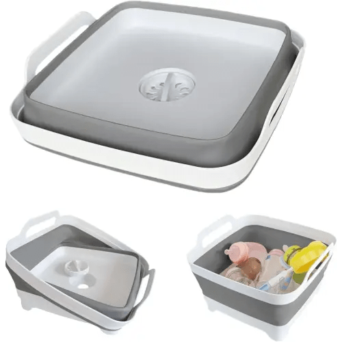 Collapsible Wash Basin for Baby Bottles - 2.4 Gallons Portable Wash Bin for RV Camping Sink, Space-Saving Dish Tub (Gray)