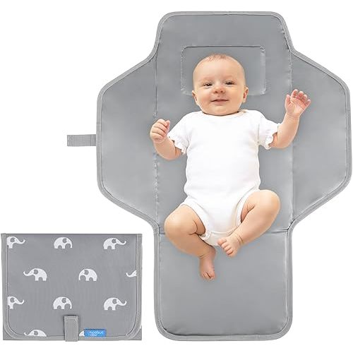 Portable Changing Pad Travel - Reusable Diaper Changing Mat with Built-in Pillow - Lightweight & Foldable Changing Station(Cute Elephant)