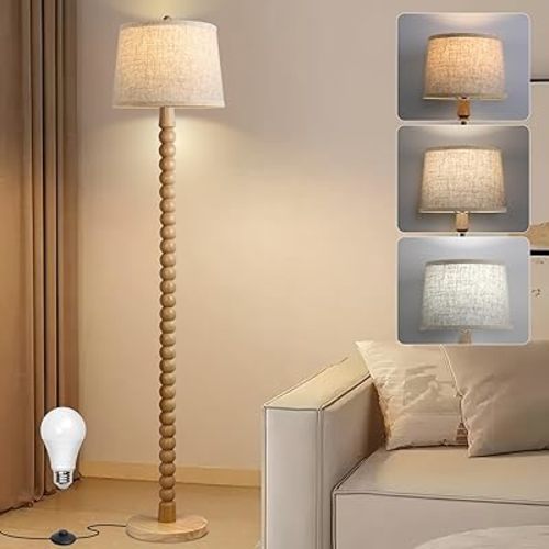Real Wood Floor Lamp for Living Room,Real Wood Standing Lamp with 3 Color Changing Bulb Included, Tall Lamp with Linen Shade,Farmhouse Floor Lamp for Living Room,Bedroom,Corner,Dining Room and Office