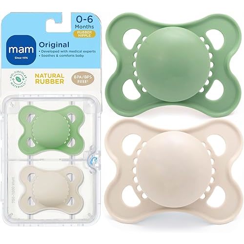 MAM Original Latex Pacifiers, Binky Pacifier for 0-6 Months, Natural Rubber Nipple, Made from Bio-Circular Materials, Easy to Clean, with Sterilizer Case, 2 Count Binkies