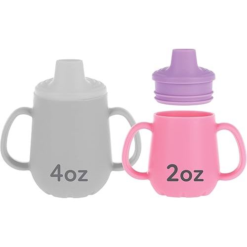 Nuby First Training Cup - Silicone Cup with Free-Flow Spout and Easy-Grip Design - 2 oz - 6+ Months - Purple and Pink