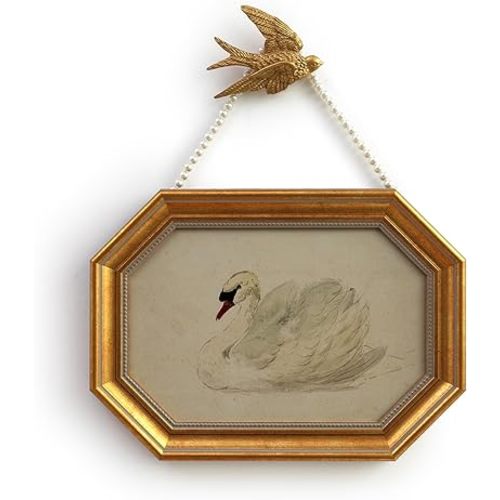 Gold Framed Canvas Wall Art Vintage Decor,White Swan Painting Prints,8"x12"Picture Frame With Accessories for Living Room Bathroom Kitchen Bedroom