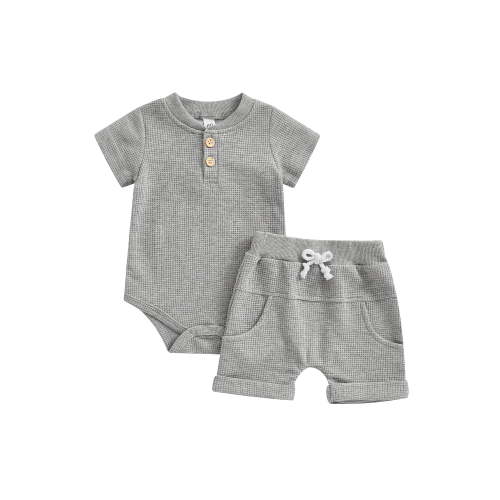 Hirigin Newborn Baby Boy Waffle Outfit Set Button Short Sleeve Romper Bodysuit Shorts 0 3 6 9 12 Months Soft Summer Clothes Set