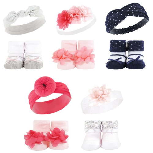 Hudson Baby Infant Girl Headband and Socks Giftset, Pink Navy 10-Piece, One Size