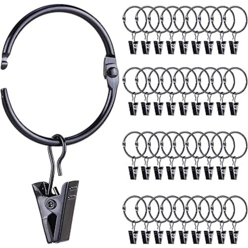 36 Pack Openable Metal Curtain Rings with Clips, 1.22 Inch Interior Diameter, Fits Up to 1" Rod, Heavy Duty Rustproof Decorative Vintage Drapery Rings Curtain Hooks Clips Rod Hangers, Black