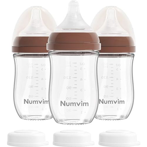 Numvim Natural Glass Baby Bottles Gentle & Slow Flow, Newborn Breastfeeding Bottle with Anti Colic Nipple for 0 Months Babies, 3 Packs (Brown (5 Ounce), 1 Count (Pack of 3))