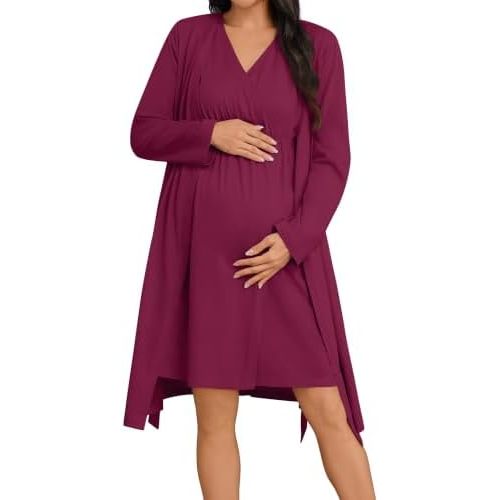 SWOMOG Women 100% Cotton Maternity Nursing Gown and Robe Set 3 in 1 Labor Postpartum Soft Nightgown for Breastfeeding