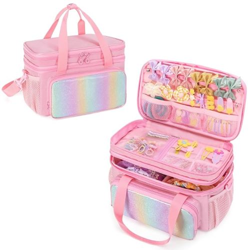 Hair Bow Organizer for Baby Girls, Double Layer Hair Accessories Storage Bag, Rainbow Sequins Design, with Handle and Detachable Shoulder Strap (Case only) (Pink)