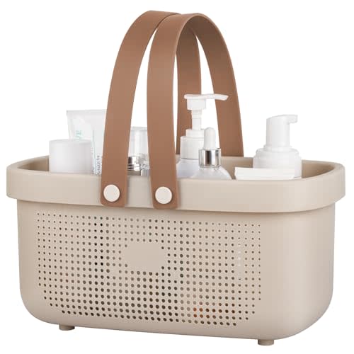 JiatuA Plastic Storage Basket with Handle Portable Shower Caddy Tote Organizer Basket Bin for Bathroom Kitchen Dorm Room Bedroom, Beige