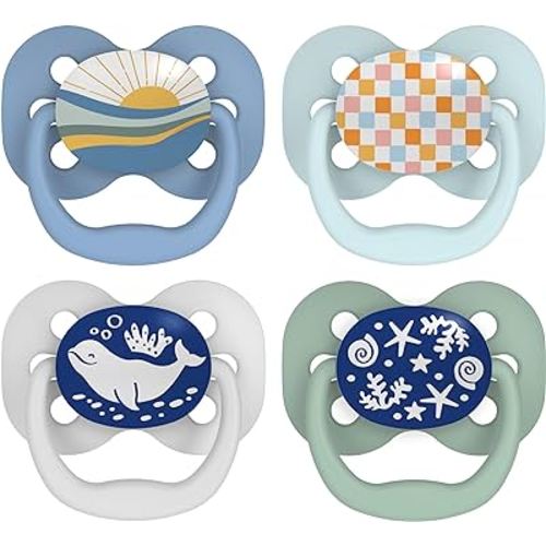 Dr. Brown's Advantage Glow-in-the-Dark Baby Pacifier, Fully Symmetrical Soother with Soft Silicone Bulb, Blue Sunrise-Blue Ocean, 0-6m, BPA Free, 4 Pack
