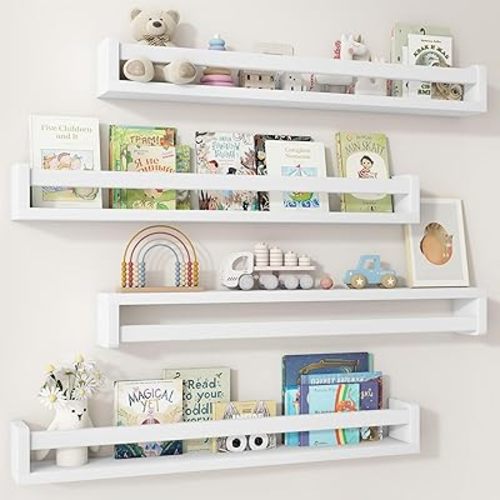 Fun Memories Nursery Book Shelves Set of 4, 32 Inch Solid Wood Wall Book Shelves, Kids Room Floating Shelves Organizer & Toy Storage,White Nursery Decor