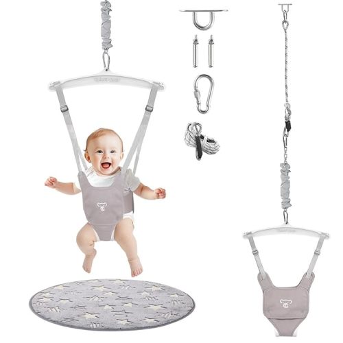 G TALECO GEAR Baby Jumper with a Ceiling Hook for Infant & Toddlers with Adjustable Chain, Bouncers for Indoor/Outdoor, Baby Doorway Jumper with Soft Rug (Grey)