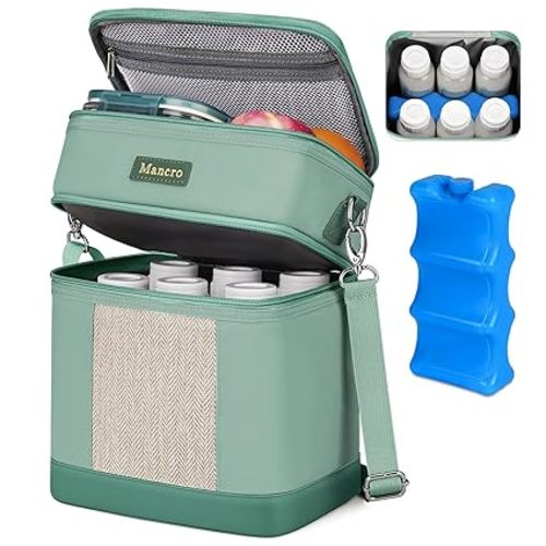Mancro Breastmilk Cooler Bag with Ice Pack, Double Layer Breast Milk Cooler Bag Fits 6 Bottles Up to 9 Ounces, Breast Pump Bag with Cooler for Daycare & Nursing, Green