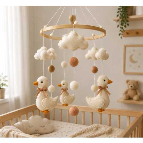 Cute Family Goose Mobile Cribs, Felt Crib Mobile, Handmade Sea Animal Mobile, Neutral Nursery Hanging