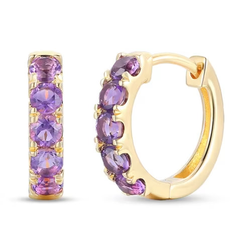 Amethyst Five Stone Huggie Hoop Earrings in Sterling Silver with 14K Gold Plate