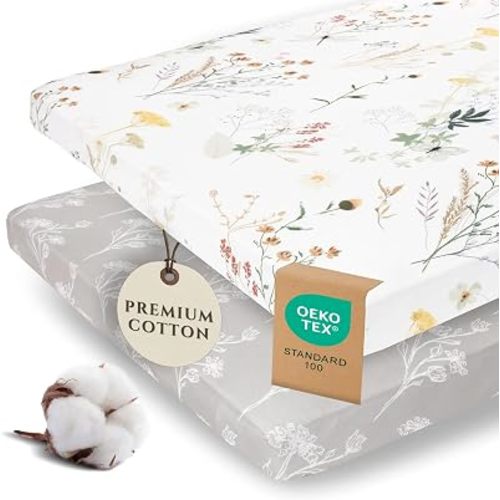 Pobi Baby Pack N Play Sheets for Girls, 2-Pack, Cotton Blend (Wildflower)