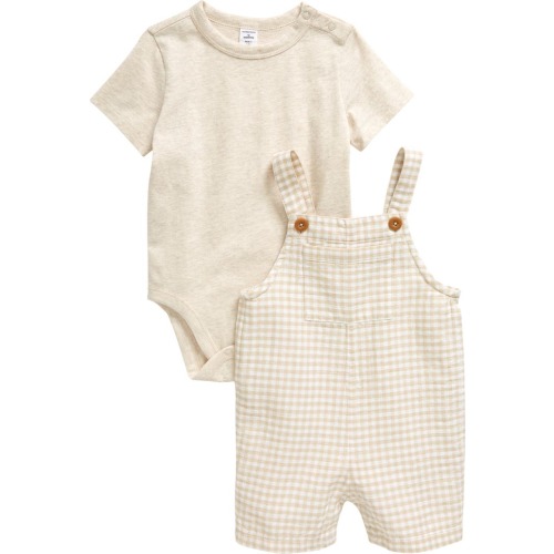 Baby Cotton Bodysuit & Shortalls Set, 24M, Beige Oyster Gingham- Oatmeal