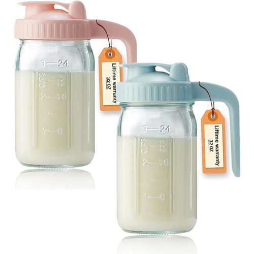 2 Pack 32oz Glass Pitcher with Lid & V-shaped Pour Spout - 1 Quart Double Leak Proof, Creamer Container for Sun Tea, Juice, Cold Brew Coffee, Breastmilk Storage Container