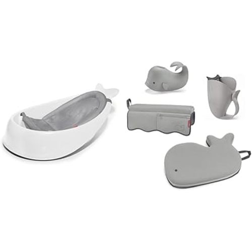 Skip Hop Baby Bath Tub, 3-Stage Smart Sling Tub, Moby, White & Moby Baby Bath Essential Set, Grey