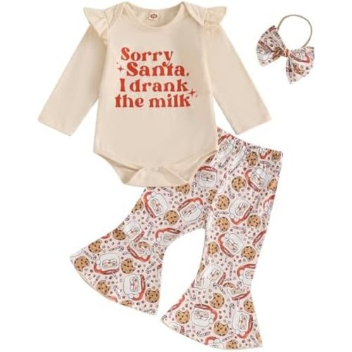 Baby Girl My 1st Christmas Outfits Letter Long Sleeve Romper Tops+Bell Bottom Pants+Headband 3 Pcs Clothes Set