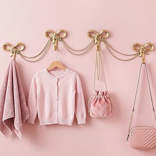 1 Set Gold Bows Wall Hooks Bow Knot Hooks for Nursery Bedroom Bathroom Cute Wall Mounted Functional Decorative Coat Holder for Hats Bags Tie Bath Coats(4 Hook Style,Gold)