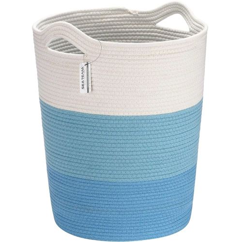 Sea Team Large Size Cotton Rope Woven Storage Basket with Handles, Laundry Hamper, Fabric Bucket, Drum, Clothes Toys Organizer for Kid's Room, 20 x 14 inches, Round Open Design, White & Blue