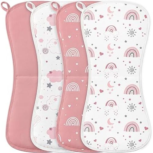Burp Cloths Baby Girl, Large 21'' X 10'' Cotton Burping Cloths for Babies, Ultra Soft and Absorbent Burp Rags, 4 Pack Set Washcloths Newborn Spit Up Rags Pink Rainbow