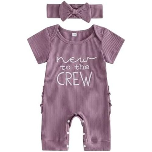 Newborn Baby Girl Summer Outfit Romper New To The Crew Embroidery Short Sleeve Bodysuit Jumpsuit Infant Clothes