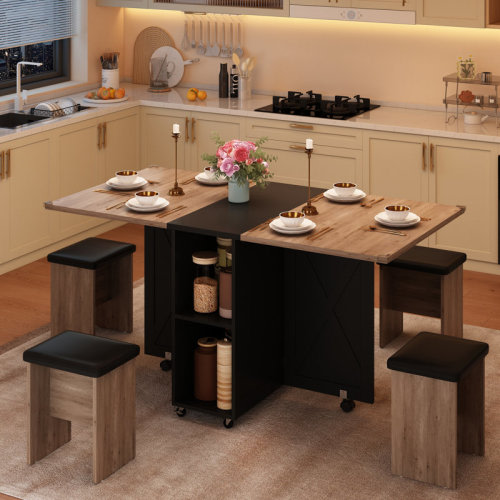 Ebern Designs 5 Pieces Folding Dining Table Set With 4 Leather Chairs, 60'' Drop Leaf Table Set With Storage Racks & Wheels, Multifunction Kitchen Table Extendable Dinner Table Set For Small Space & Reviews | Wayfair