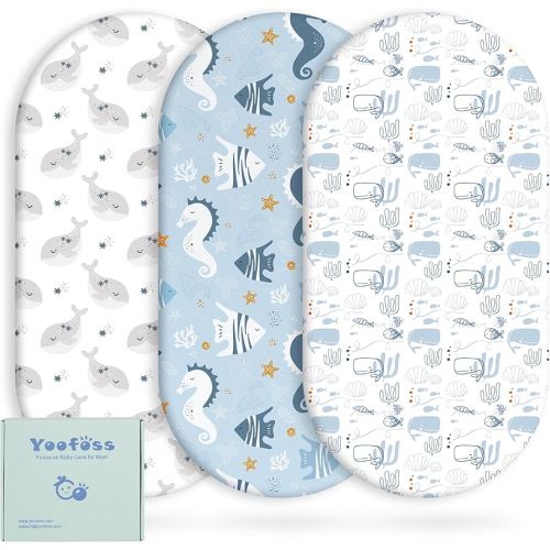 Yoofoss Bassinet Sheets for Baby,3-Pack Fitted Bassinet Sheets Set Compatible with Halo Bassinest Swivel Sleeper,Baby Delight,Angelbliss,Soft Breathable Bassinet Mattress Sheets (Blue+Seahorse)
