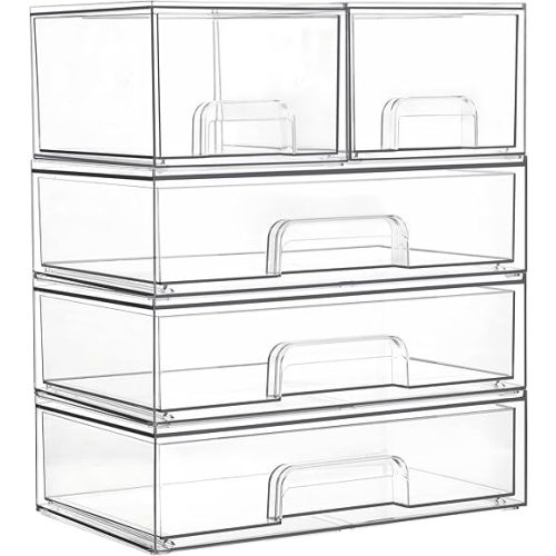 Vtopmart Clear Stackable Storage Drawers Set of 4, Plastic Organizer Bins for Makeup, Cosmetics, Beauty Supplies,Ideal for Vanity, Bathroom,Cabinet,Pantry Organization