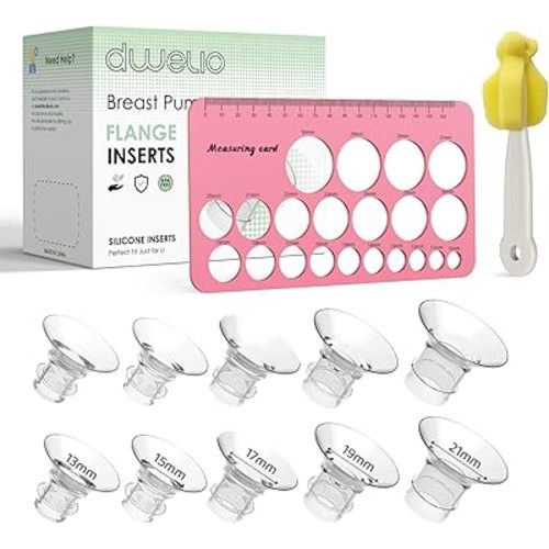 Flange Sizing Kit with 10PCS Silicone Flange Inserts 13/15/17/19/21mm & Nipple Measurement Tool & Cleaning Brush, Breast Pump Flange Insert Kit for 24mm Most Pumps, Breastfeeding Essentials