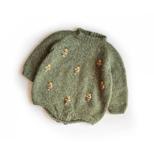 Bee Embroidered Baby Knit Romper, New Baby Gift and Baby Hospital Outfit, Cottagecore Alpaca Clothing with Hand Embroidery
