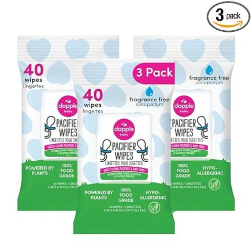 Dapple Baby Pacifier Wipes for Infants and Toddlers - (3 Pack) 40 Count - Fragrance-Free, Hypoallergenic & Food-Grade - Diaper Bag Essentials