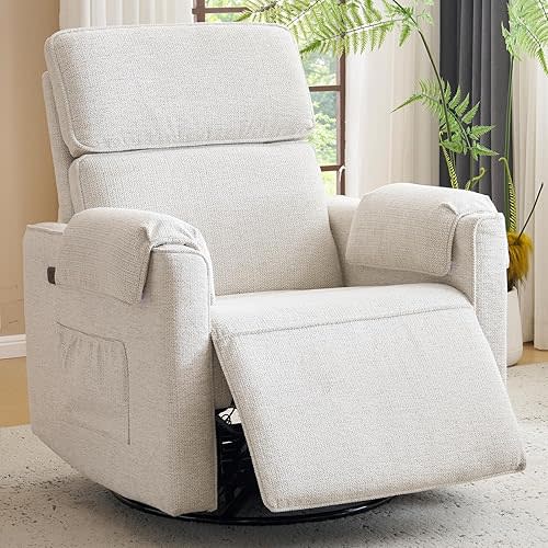 RUTOX Oversized Power Recliner Chair Swivel Glider with Adjustable Headrest, 26" Extra Wide Glider Nursery Chair with Overstuffed Armrest, USB Ports, Chenille Fabric, White