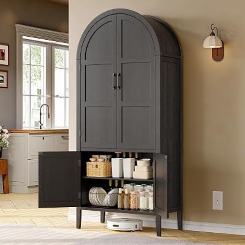 ONBRILL 71" Tall Wooden Arched Cabinet, 5-Tier Arched Kitchen Pantry Cabinet with Doors & Shelves, Farmhouse Kitchen Arch Cabinets with Adjustable Feet, Wooden Pantry Storage for Dining Room(Black)