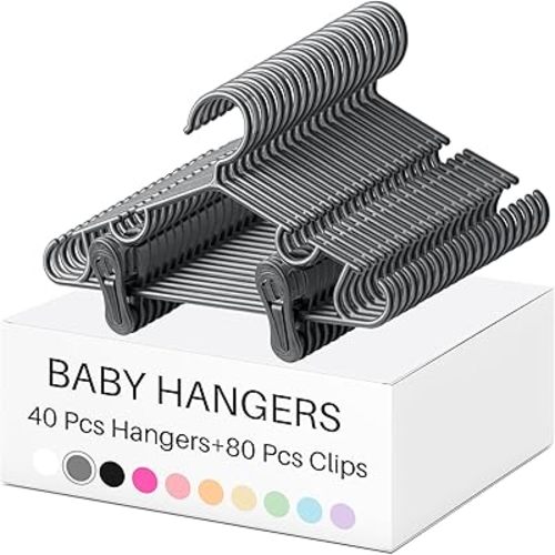 Hsei 5/10/40 Pack Baby Hangers with 10/20/80 Clips Plastic Kids Pants Hanger for Newborn Nursery/Daycare/Preschool Closet/Wardrobe Organizer Baby Shower Party(120 Packs Total,Gray,10.6 Inch)